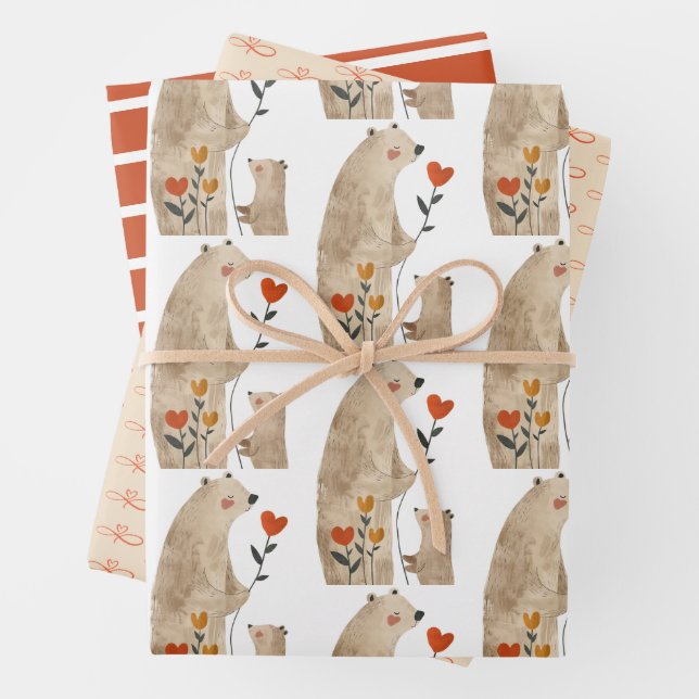 Polar Bear Cute Pattern Mother's Day Wrapping Paper Sheet (In situ)