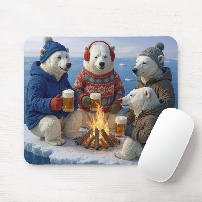 Polar Bear Drinking Around a Campfire  Mouse Mat (With Mouse)