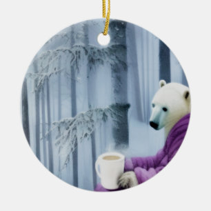 Polar Bear Drinking Coffee Ceramic Tree Decoration
