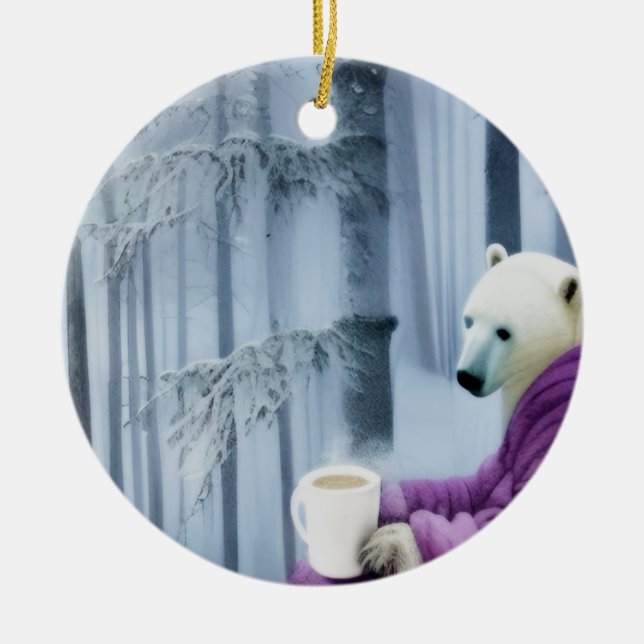 Polar Bear Drinking Coffee Ceramic Tree Decoration (Front)