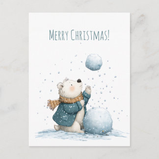 Polar bear enjoys snowball Christmas watercolor Holiday Postcard