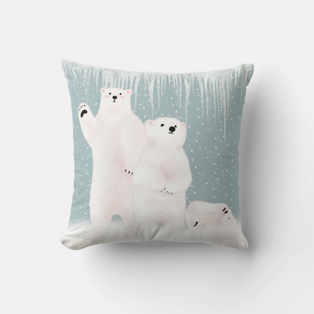 Polar Bear Family In Snowflakes Throw Pillow (Front)