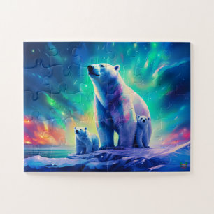 Polar Bear Family in the Aurora  Jigsaw Puzzle