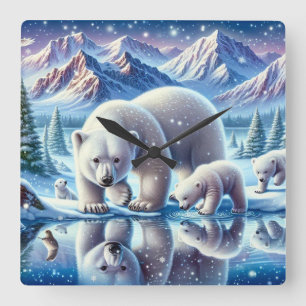 Polar Bear Family in Winter Wonderland Square Wall Clock
