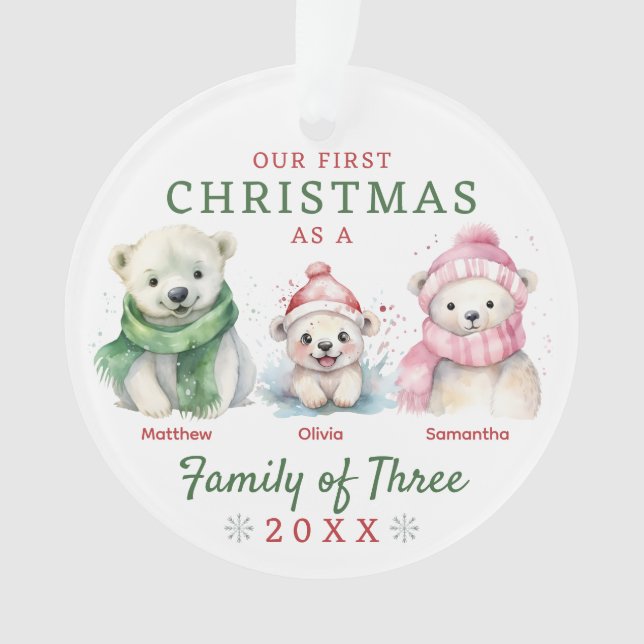 Polar Bear Family of Three First Christmas Ornament (Front)