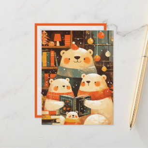 Polar Bear Family Reading Together on Christmas Holiday Postcard