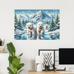 Polar Bear Family Snowy Mountain Landscape Poster