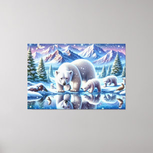 Polar Bear Family Snowy Scene Painting Canvas Print