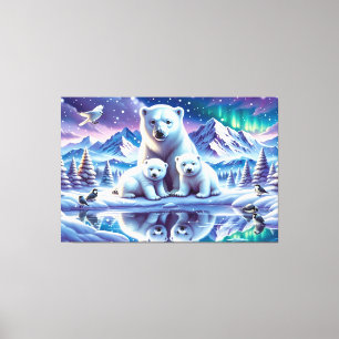 Polar Bear Family Snowy Scene Painting Canvas Print