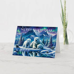 Polar Bear Family Snowy Scene Painting Foil Holiday Card