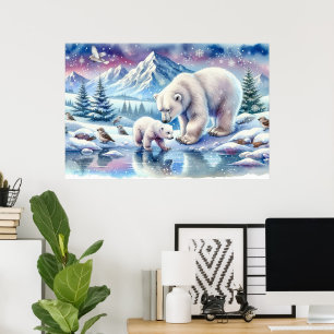 Polar Bear Family Snowy Scene Painting Poster