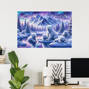 Polar Bear Family Snowy Scene Painting Poster