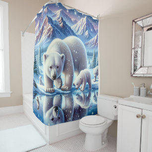 Polar Bear Family Snowy Scene Painting Shower Curtain
