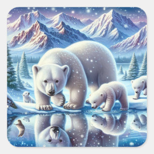 Polar Bear Family Snowy Scene Painting Square Sticker