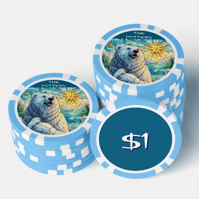 Polar Bear Faux Stained Glass Personalised Poker Chips (Stack)