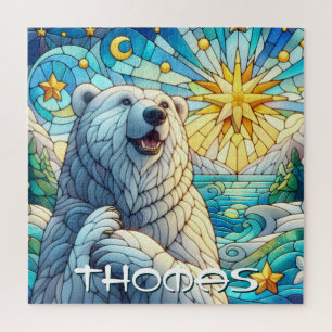 Polar Bear Faux Stained Glass Personalized Jigsaw Puzzle