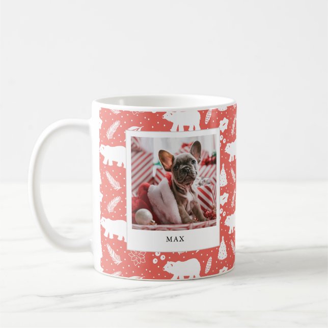 Polar Bear Floral & Pine Holiday Red 2 Photo Mug (Left)