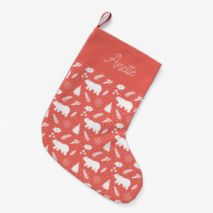 Polar Bear Floral & Pine Red Christmas Stocking
