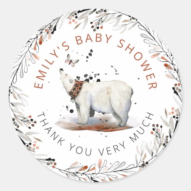 Polar Bear Foliage Winter Baby Shower Thank You Classic Round Sticker (Front)