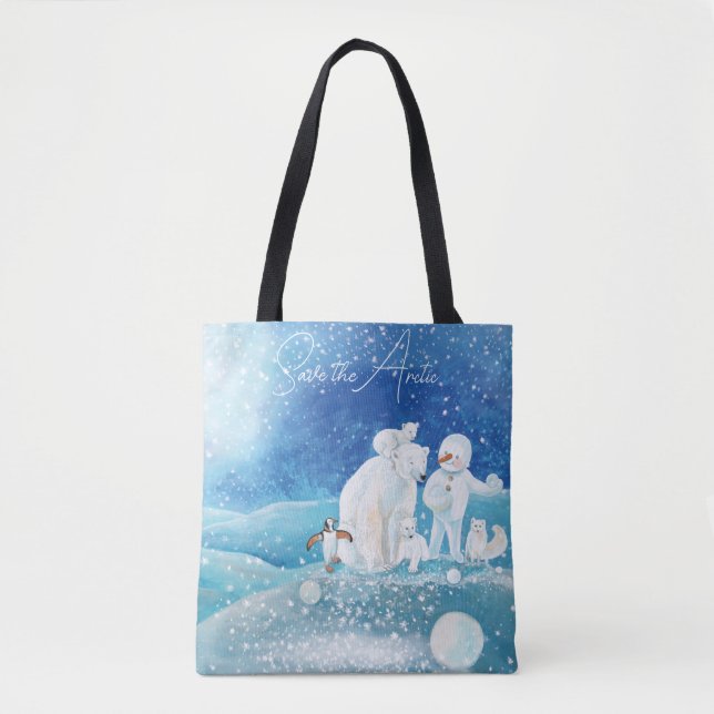 Polar Bear, Fox, Penguin & Snowman Save the Arctic Tote Bag (Front)
