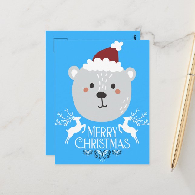 Polar Bear Funny Christmas Holidays Blue Postcards (Front/Back In Situ)