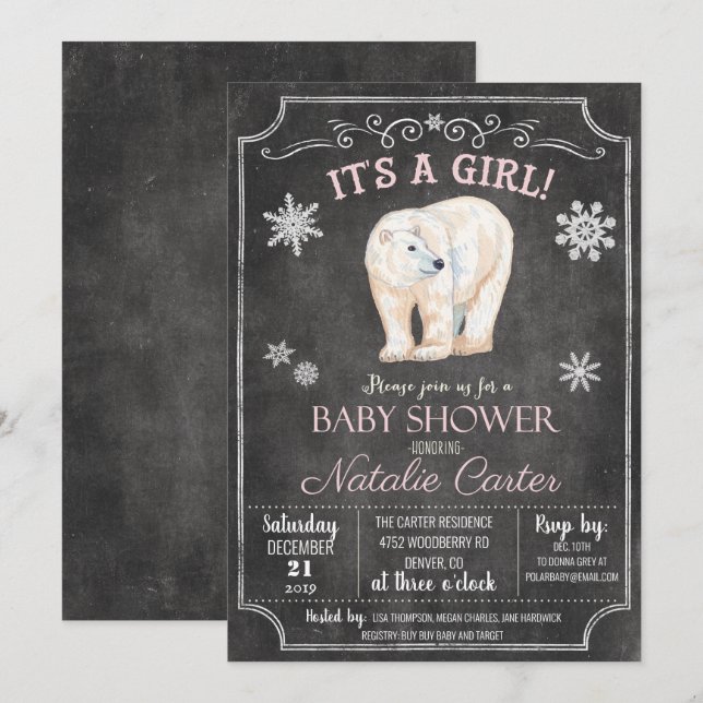 Polar Bear Girl Baby Shower Invitation (Front/Back)