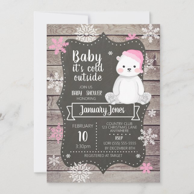 Polar Bear Girl Baby Shower Invitation I Pink (Front)