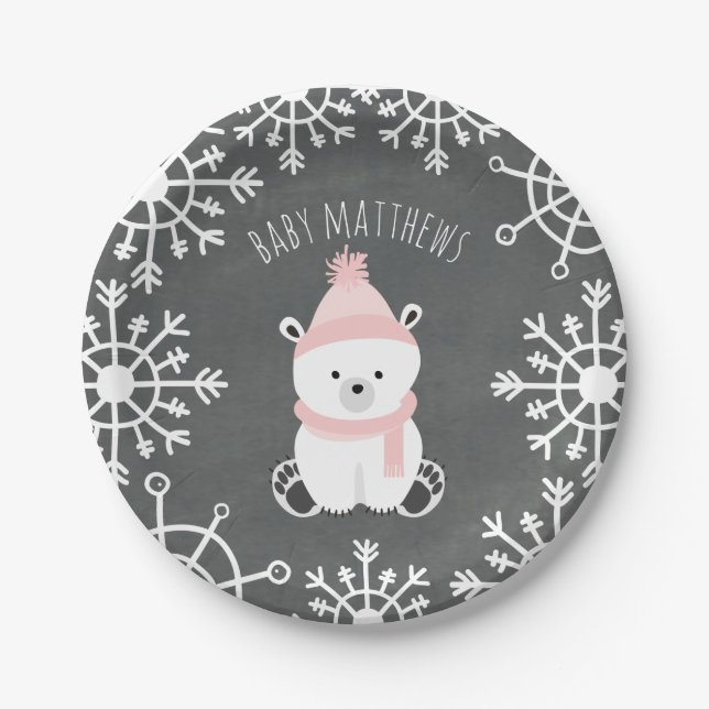 Polar Bear Girl Winter Baby Shower Paper Plate (Front)