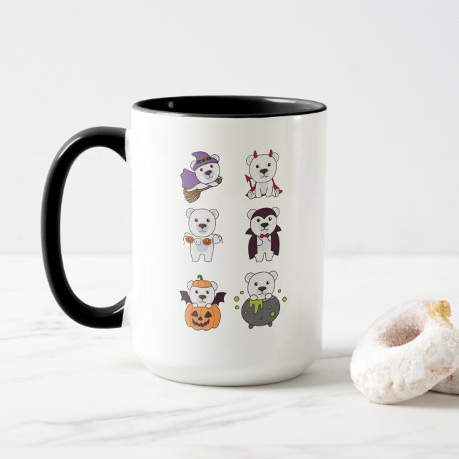 Polar Bear Halloween Witch Devil Pumpkin Vampire Mug (With Donut)