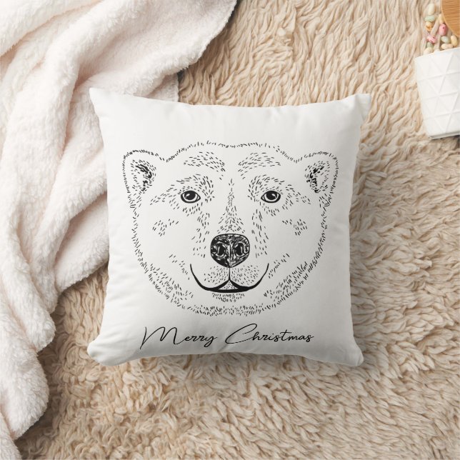 Polar Bear Head Minimal Line Art Sketch With Text Cushion (Blanket)