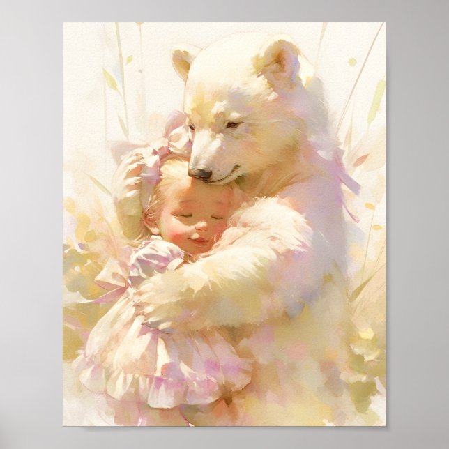 Polar Bear Hug with Baby Girl Nursery Wall Poster (Front)