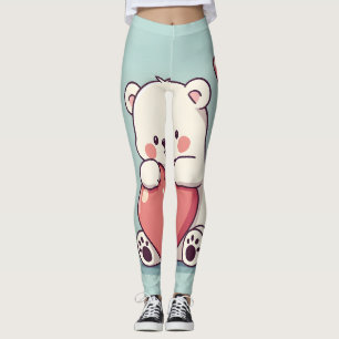 Polar Bear Hugging a Heart on a Light Blue Base Leggings