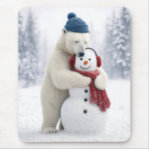 Polar Bear Hugging a Snowman Mouse Mat