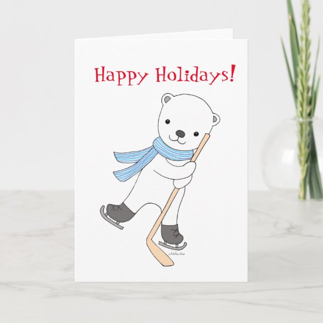 Polar Bear Ice Hockey Christmas Greeting Card (Front)