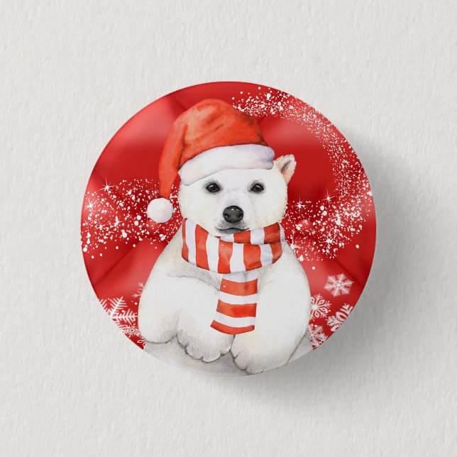 polar bear in a santa cap - snowflakes w white 3 cm round badge (Front)