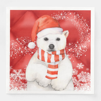 polar bear in a santa cap - snowflakes w white napkin