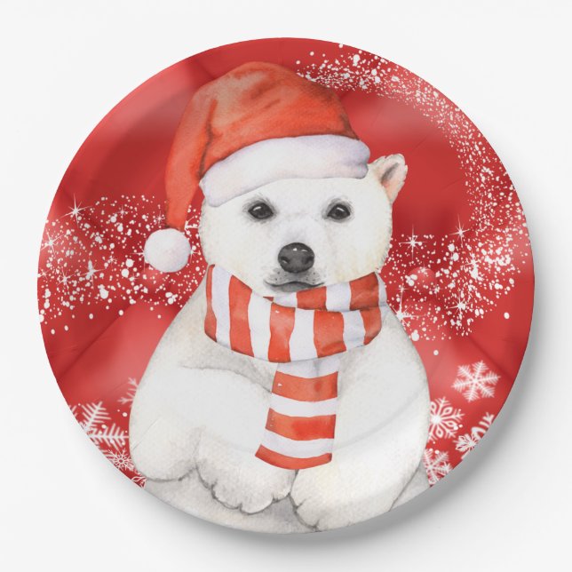 polar bear in a santa cap - snowflakes w white paper plate (Front)