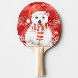 polar bear in a santa cap - snowflakes w white ping pong paddle