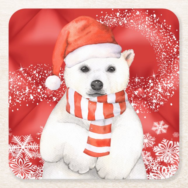 polar bear in a santa cap - snowflakes w white square paper coaster (Front)