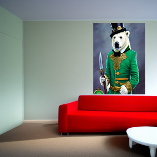 Polar bear in green and gold AI Art Poster