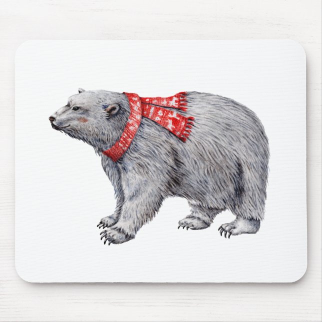 Polar Bear in Red Scarf Mouse Mat (Front)