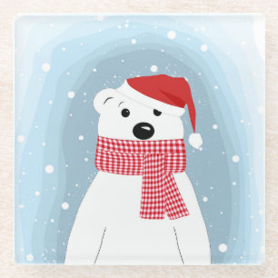 Polar bear in Santa hat, personalised Glass Coaster