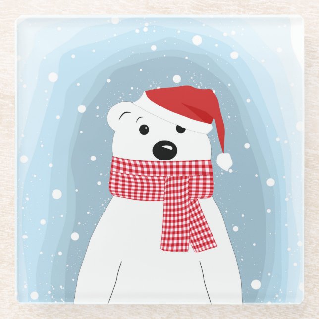 Polar bear in Santa hat, personalised Glass Coaster (Front)
