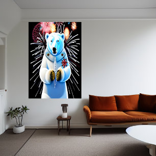 Polar bear in uniform and firework   AI Art Poster