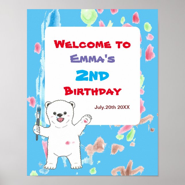 Polar bear Kids Art Birthday Party Welcome Poster (Front)