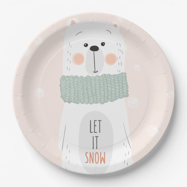 Polar bear - Let it snow - Cute Winter / Christmas Paper Plate (Front)