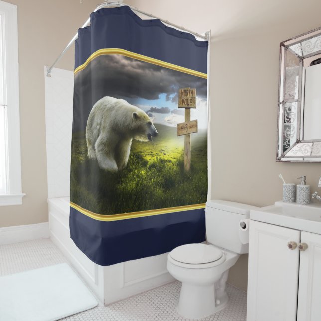 Polar bear looking at the north pole wooden blue shower curtain (In Situ)