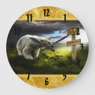 Polar bear looking at the north pole wooden sign large clock