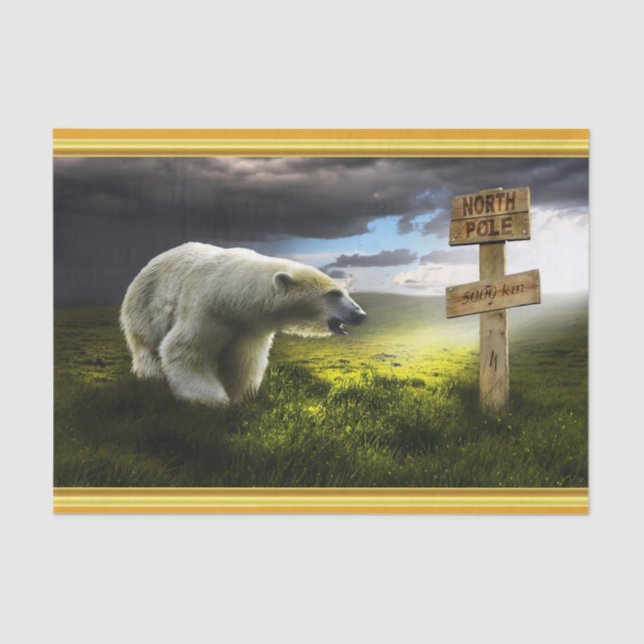 Polar bear looking at the north pole wooden sign tissue paper (Front)
