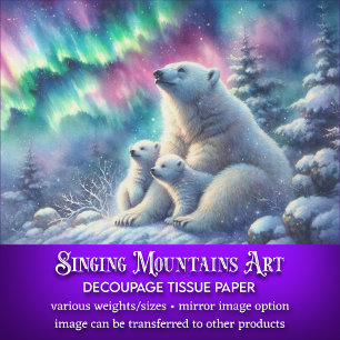Polar Bear Mama & Cubs Northern Lights Decoupage Tissue Paper